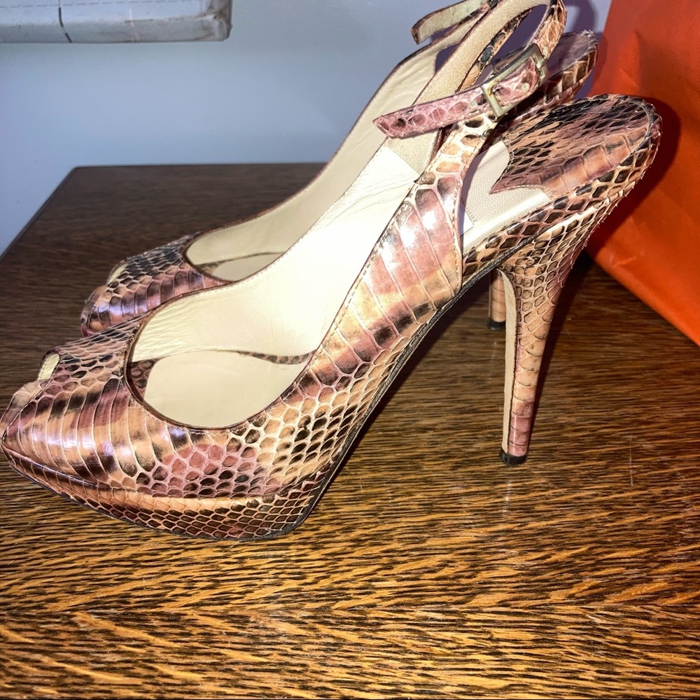 Jimmy Choo Pink Cream Snakeskin Peep Toe Heels